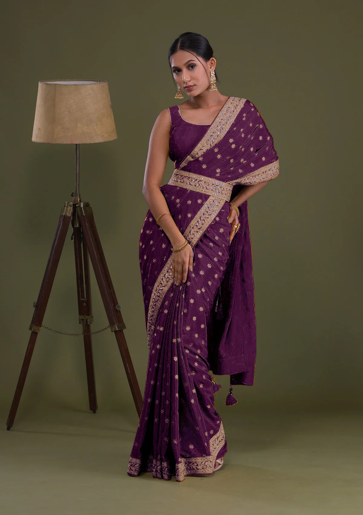 Charismatic Wine Ruffle Work Chinon Party Wear Saree - JOSHINDIA - Joshindia