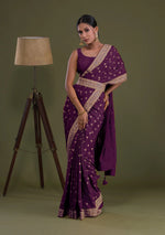 Charismatic Wine Ruffle Work Chinon Party Wear Saree - JOSHINDIA - Joshindia