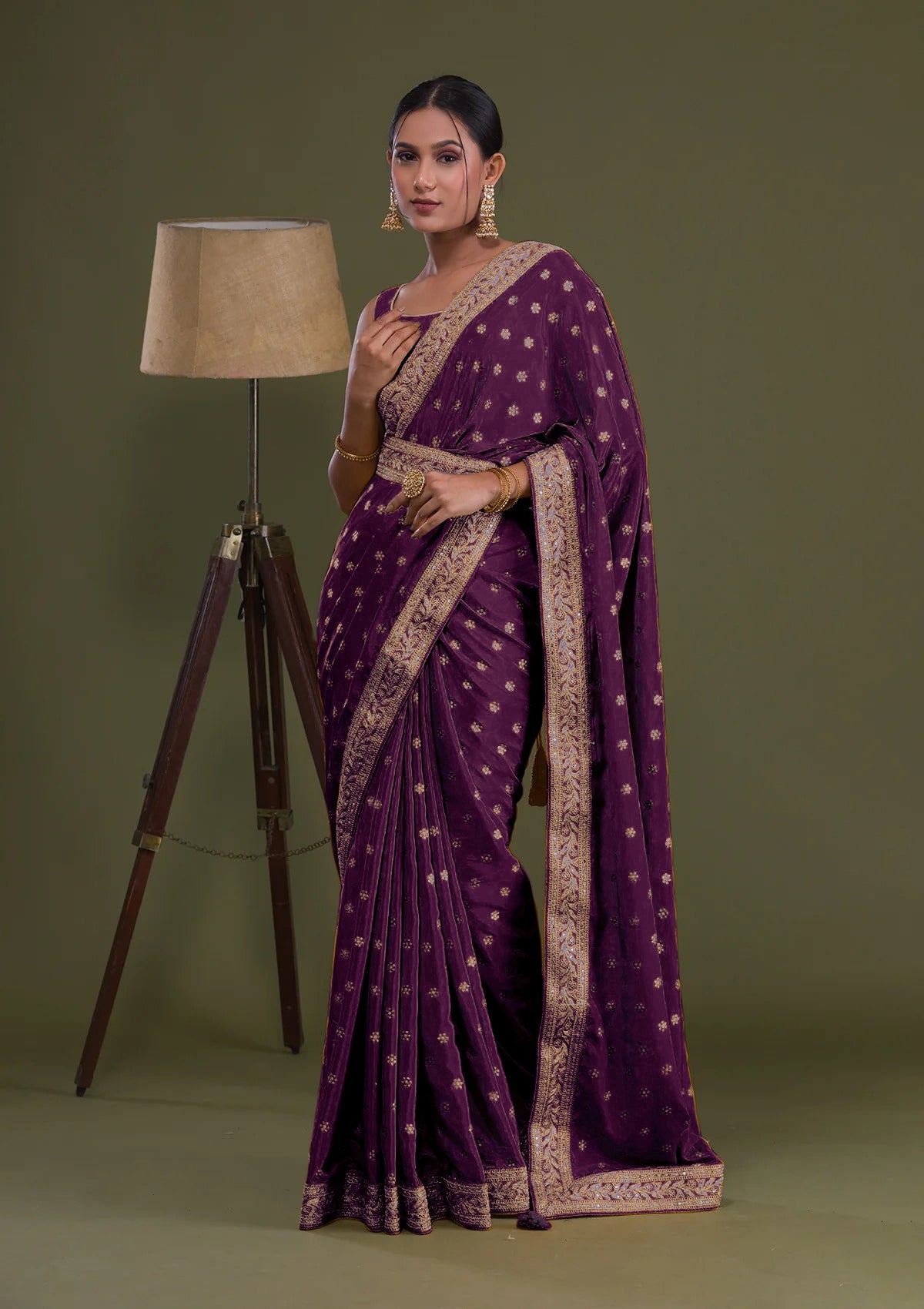 Charismatic Wine Ruffle Work Chinon Party Wear Saree - JOSHINDIA - Joshindia