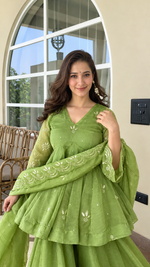 Parrot Green Salsa Silk Top Plazzo Dupatta Set Mukesh Work Ready to Wear