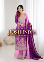 Purple Pink Shaded Chinon Silk Kurti Plazzo Dupatta Set Dori Sequence Work
