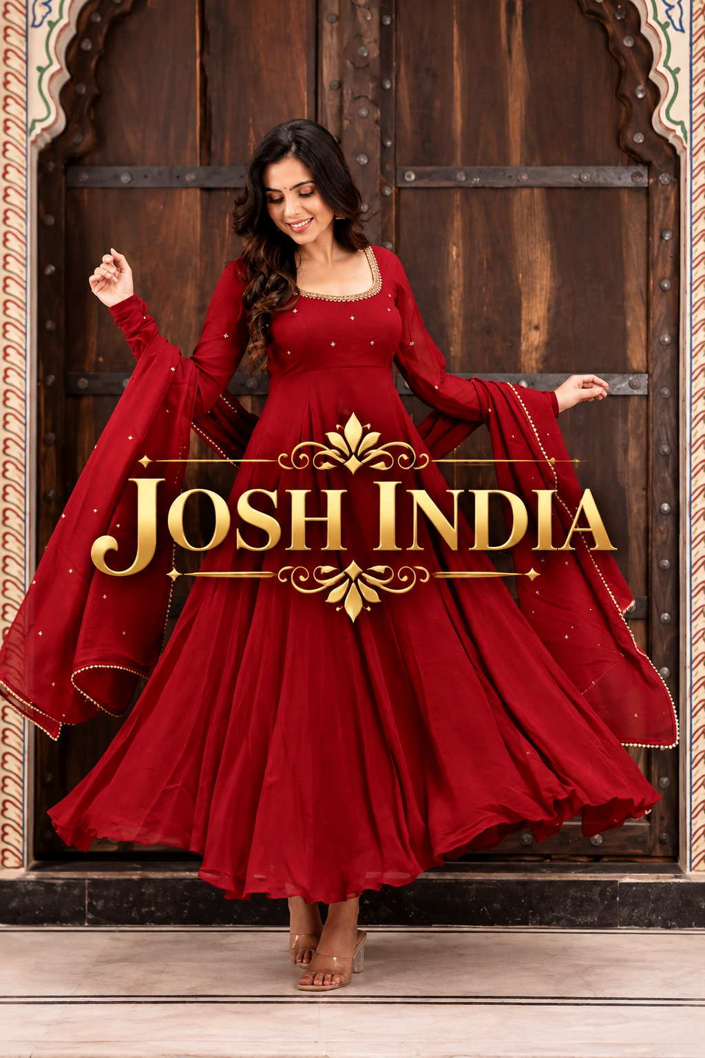 Maroon Faux Georgette Anarkali Suit with Pant Dupatta Hand Work 6.5 Mtr Flair