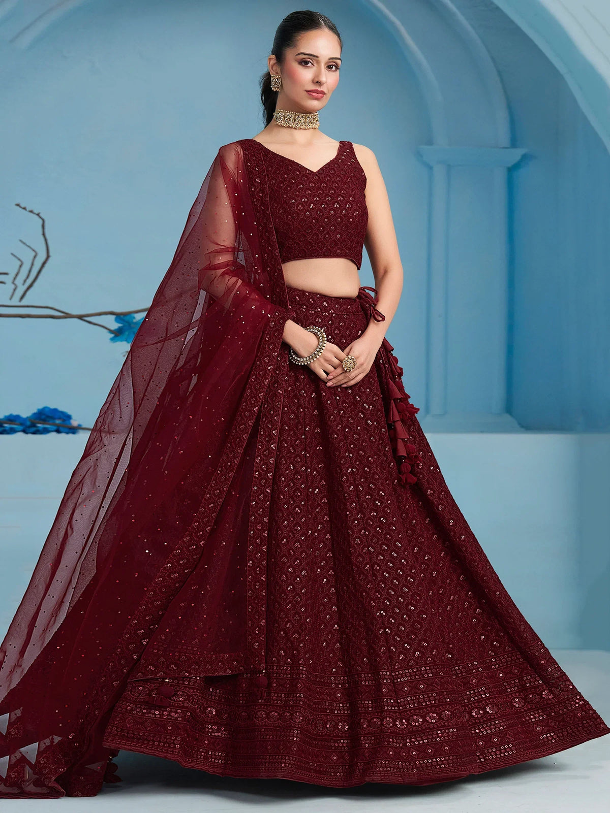 Maroon Sequins Reception Wear Lehenga Choli With Net Dupatta