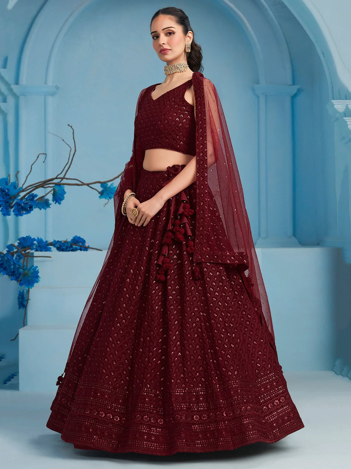 Maroon Sequins Reception Wear Lehenga Choli With Net Dupatta