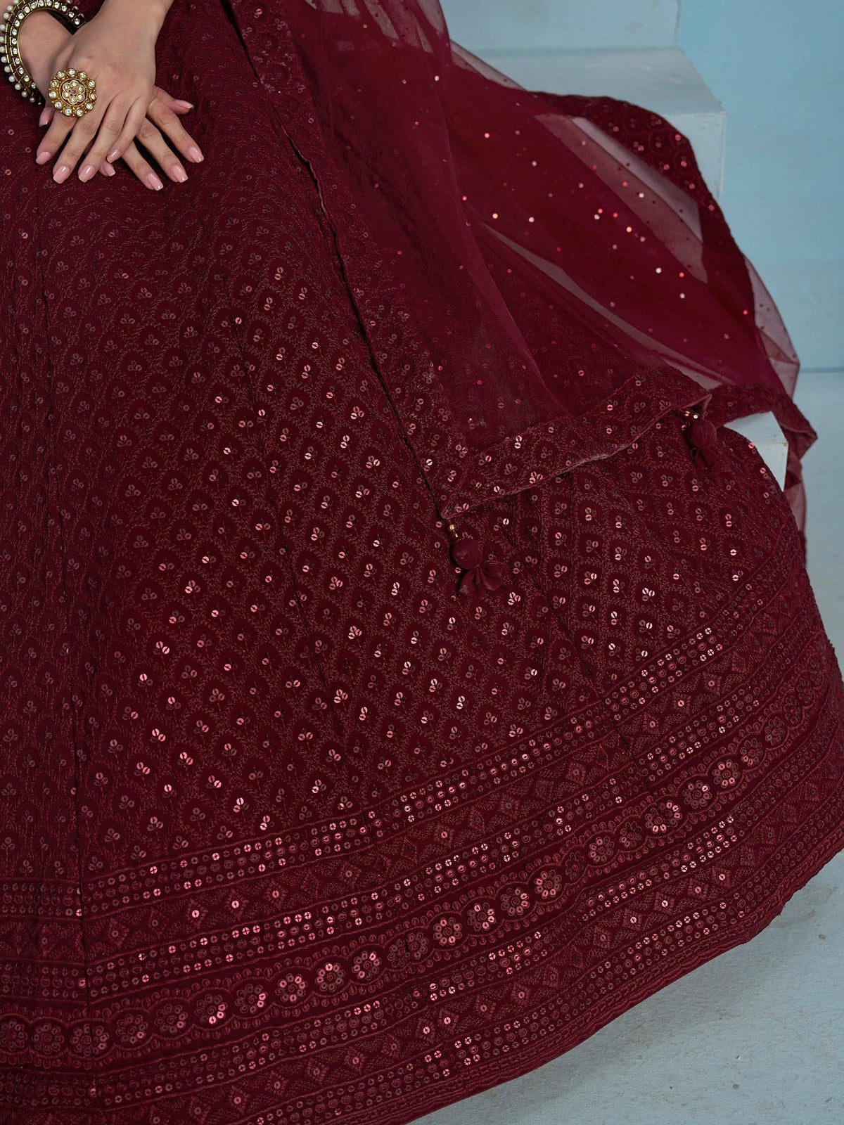 Maroon Sequins Reception Wear Lehenga Choli With Net Dupatta