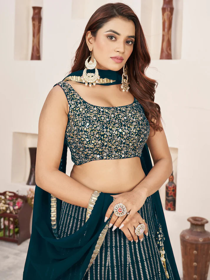 Teal Green Zari & Sequins Georgette Engagement Wear Lehenga Choli