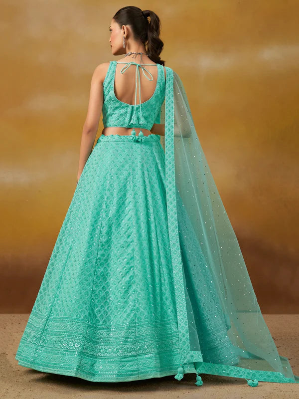 Sky Blue Sequins Georgette Engagement Wear Lehenga Choli