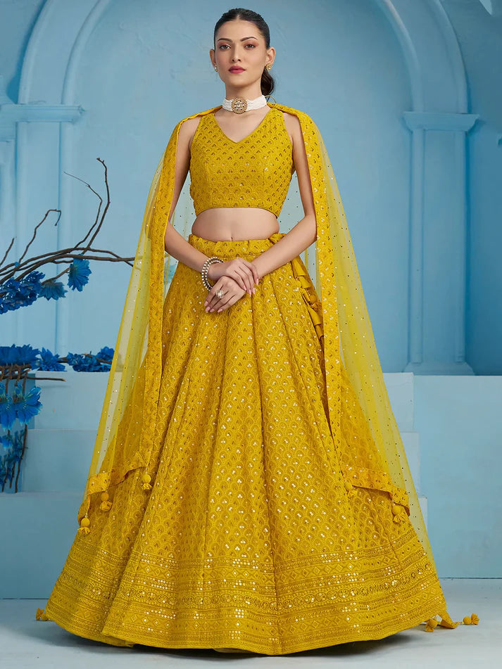 Yellow Thread Work Georgette Festival Wear Lehenga Choli