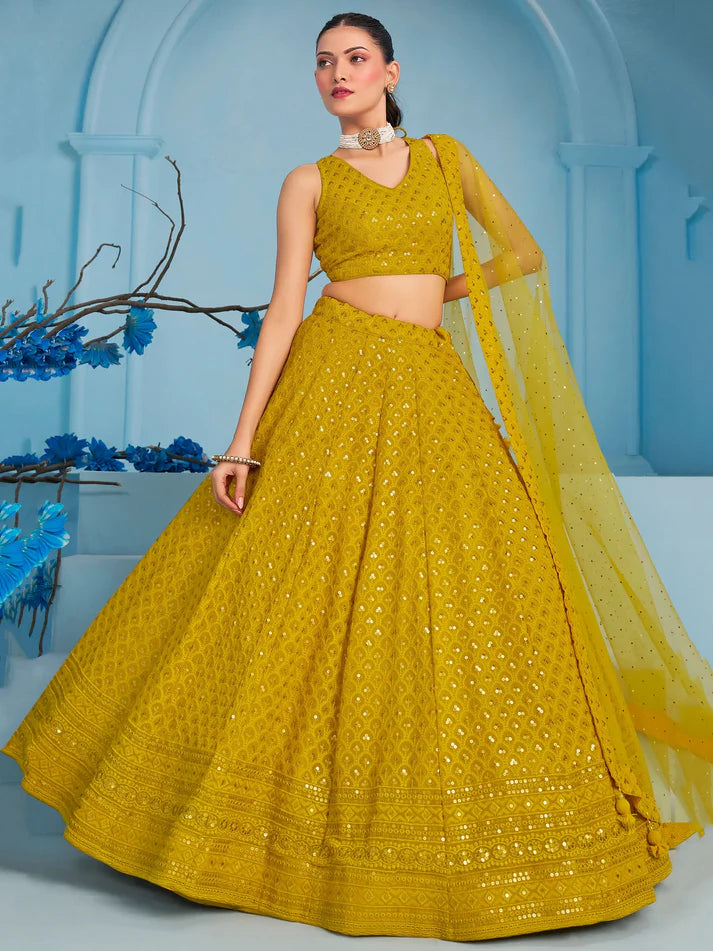 Yellow Thread Work Georgette Festival Wear Lehenga Choli