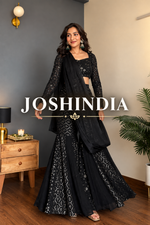 Black Sequins Embroidered Sharara Set Crop Top with Dupatta Party Wear Women
