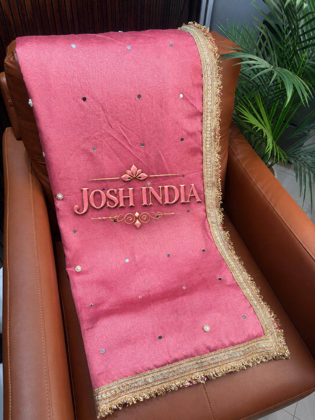 Vichitra Silk Saree Real Mirror Work Moti Golden Lace Border with Blouse