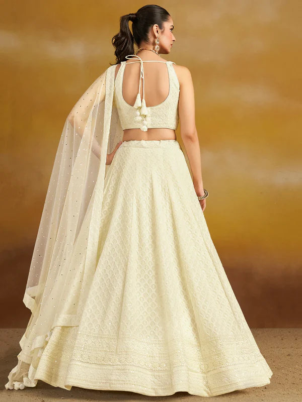 Off-White Thread Work Georgette Traditional Lehenga Choli