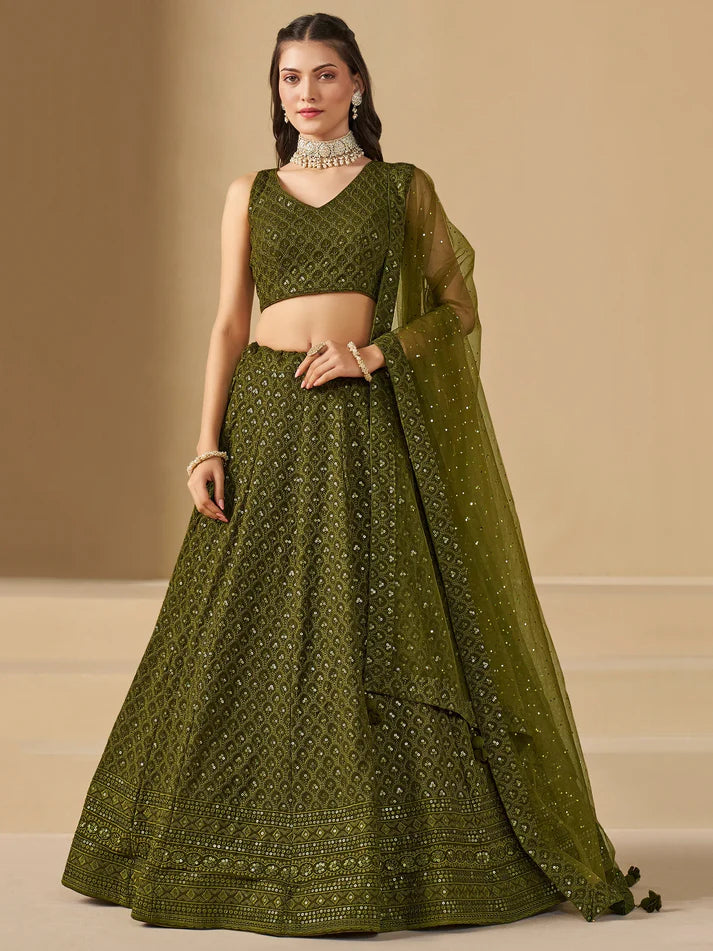 Olive Green Thread Work Georgette Wedding Lehenga Choli