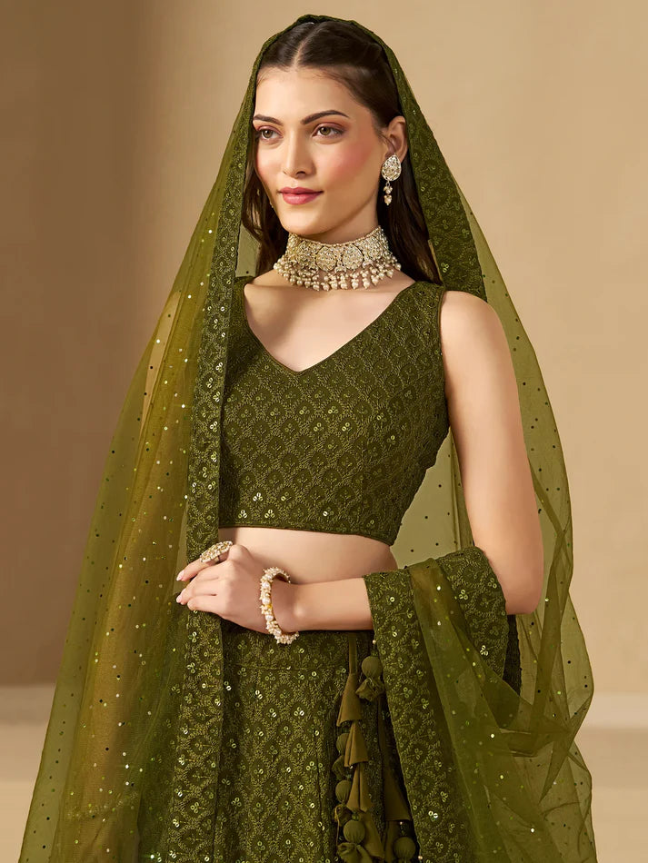 Olive Green Thread Work Georgette Wedding Lehenga Choli