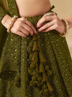 Olive Green Thread Work Georgette Wedding Lehenga Choli