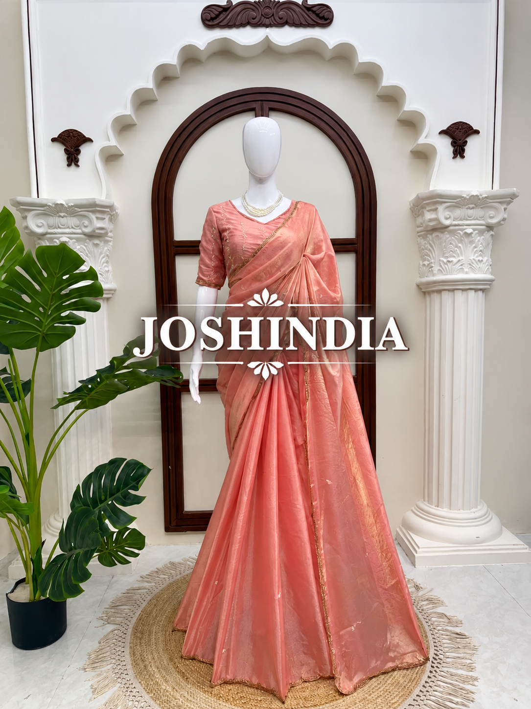 Fendy Silk Saree Sea Green & Peach Pink Scalloped Border Party Wear for Women