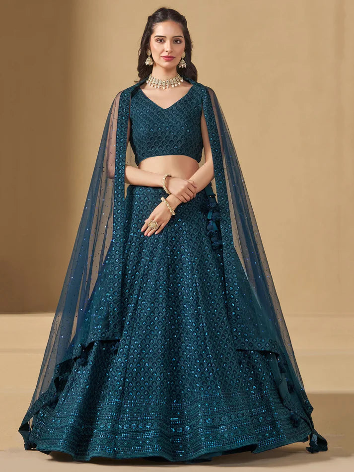 Teal Blue Thread Embroidered Georgette Lehenga Choli
