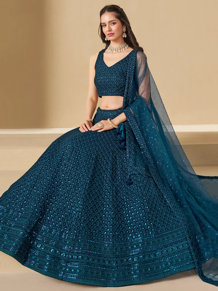 Teal Blue Thread Embroidered Georgette Lehenga Choli