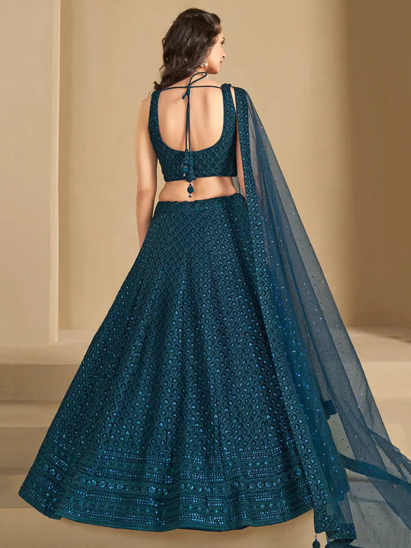 Teal Blue Thread Embroidered Georgette Lehenga Choli