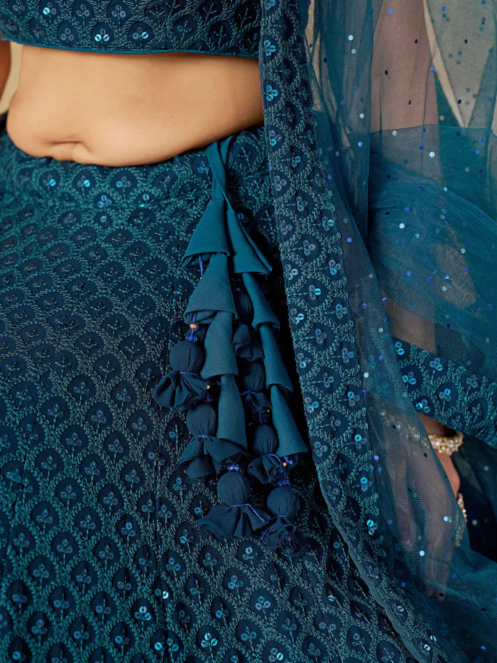 Teal Blue Thread Embroidered Georgette Lehenga Choli