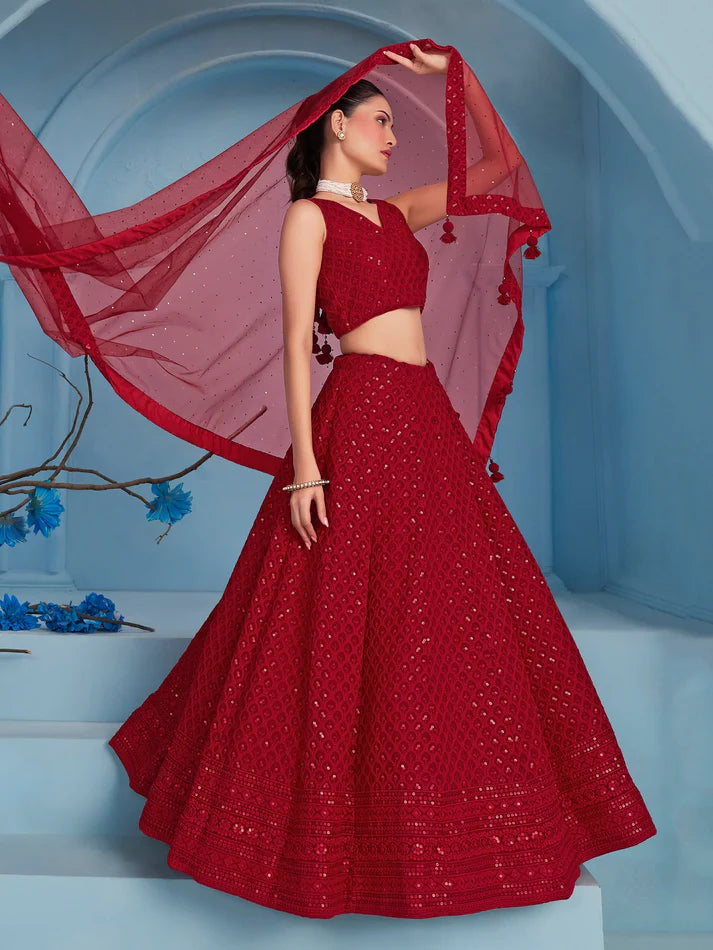 Red Sequins Georgette Wedding Lehenga Choli With Dupatta