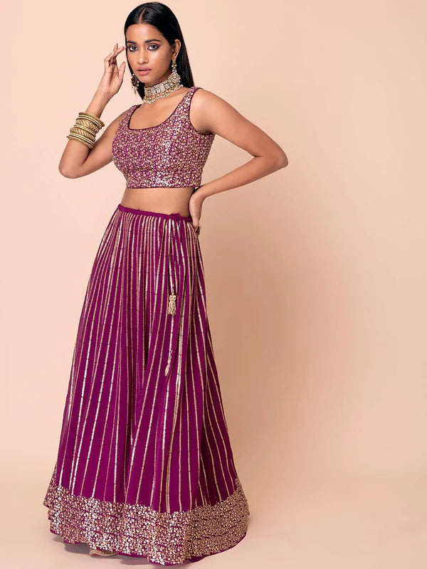 Great Dark Purple Sequin Georgette Engagement Wear Lehenga Choli