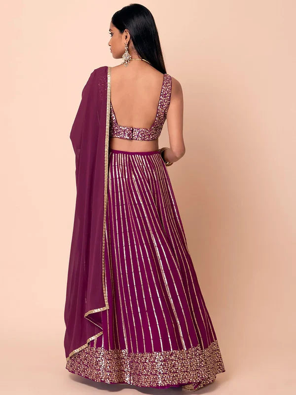 Great Dark Purple Sequin Georgette Engagement Wear Lehenga Choli