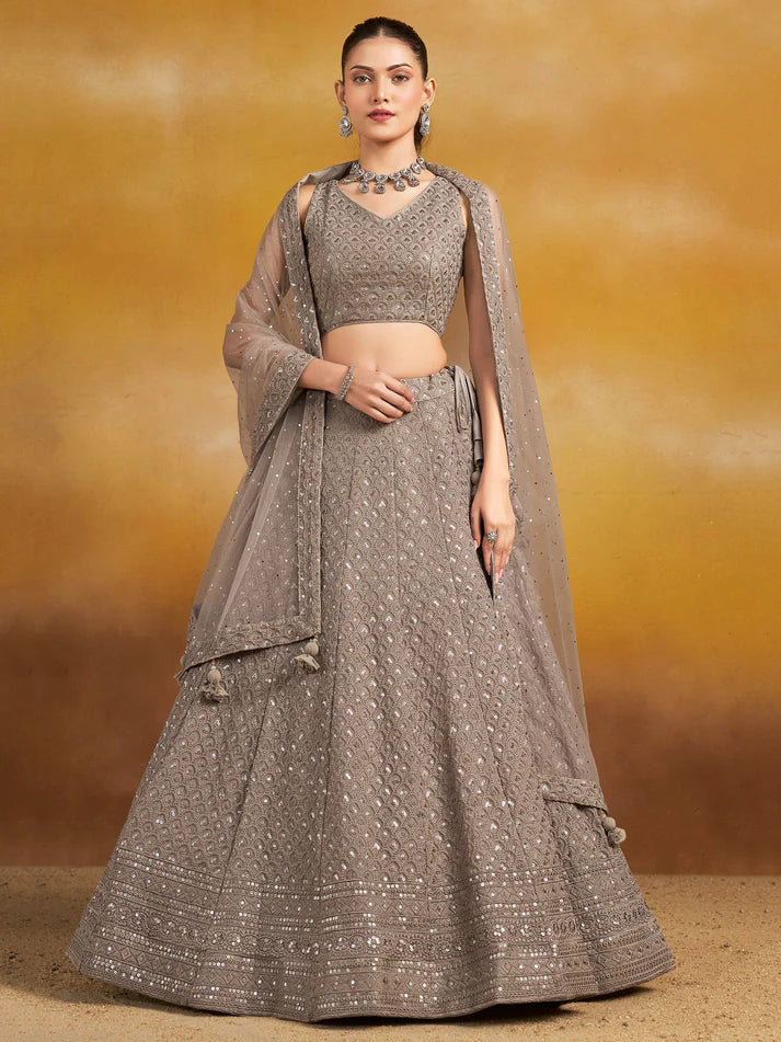 Grey Thread Embroidered Georgette Lehenga Choli