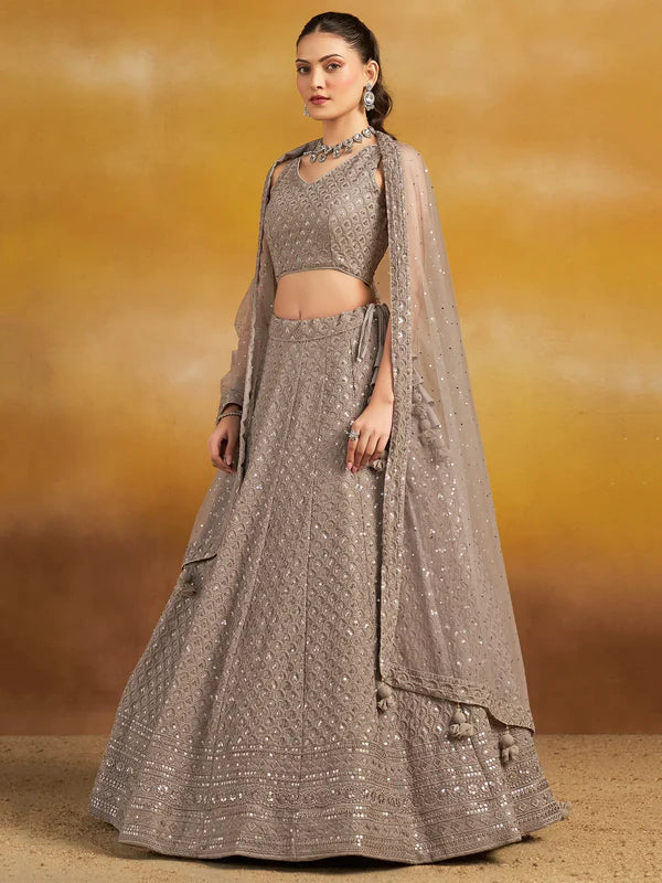 Grey Thread Embroidered Georgette Lehenga Choli