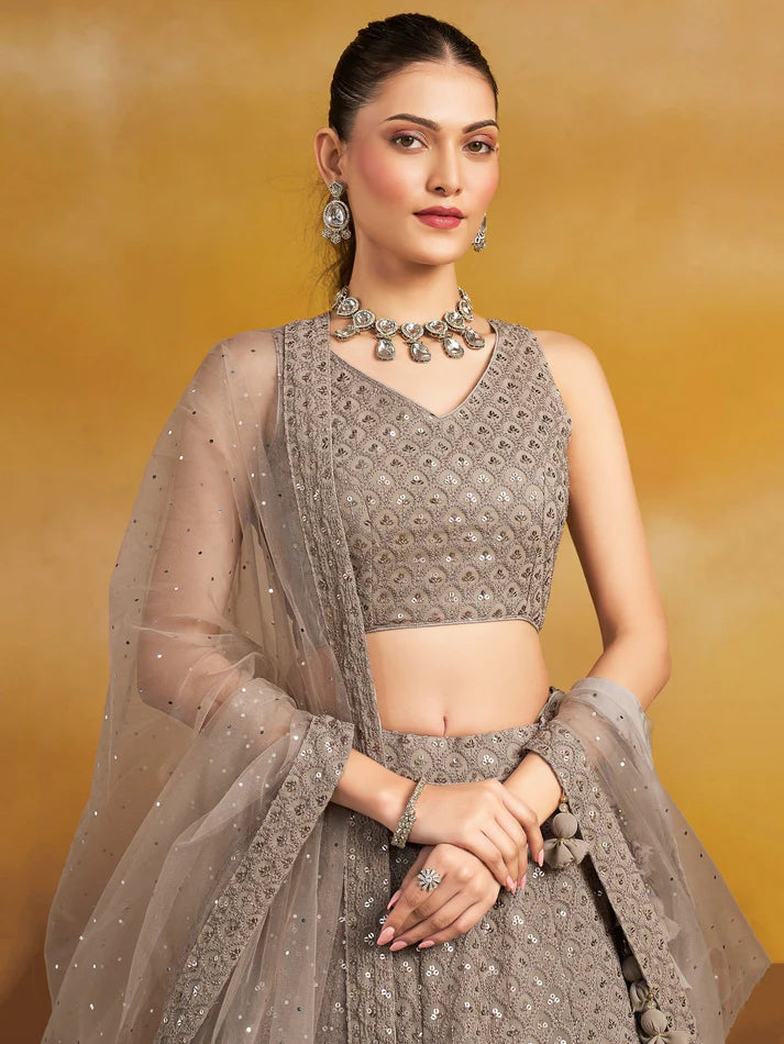 Grey Thread Embroidered Georgette Lehenga Choli