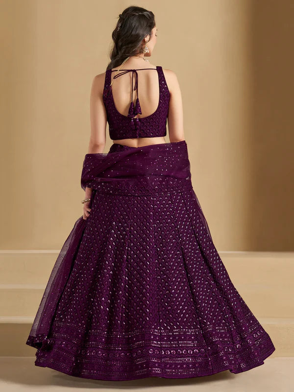 Wine Thread Work Georgette Reception Wear Lehenga Choli