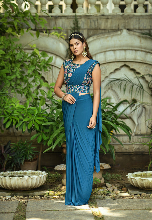 Petrol Color Embroidered With Fancy Silk Designer Saree