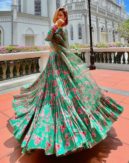 Buy Green Color Latest Designer Lehenga Choli With Heavy Flair
