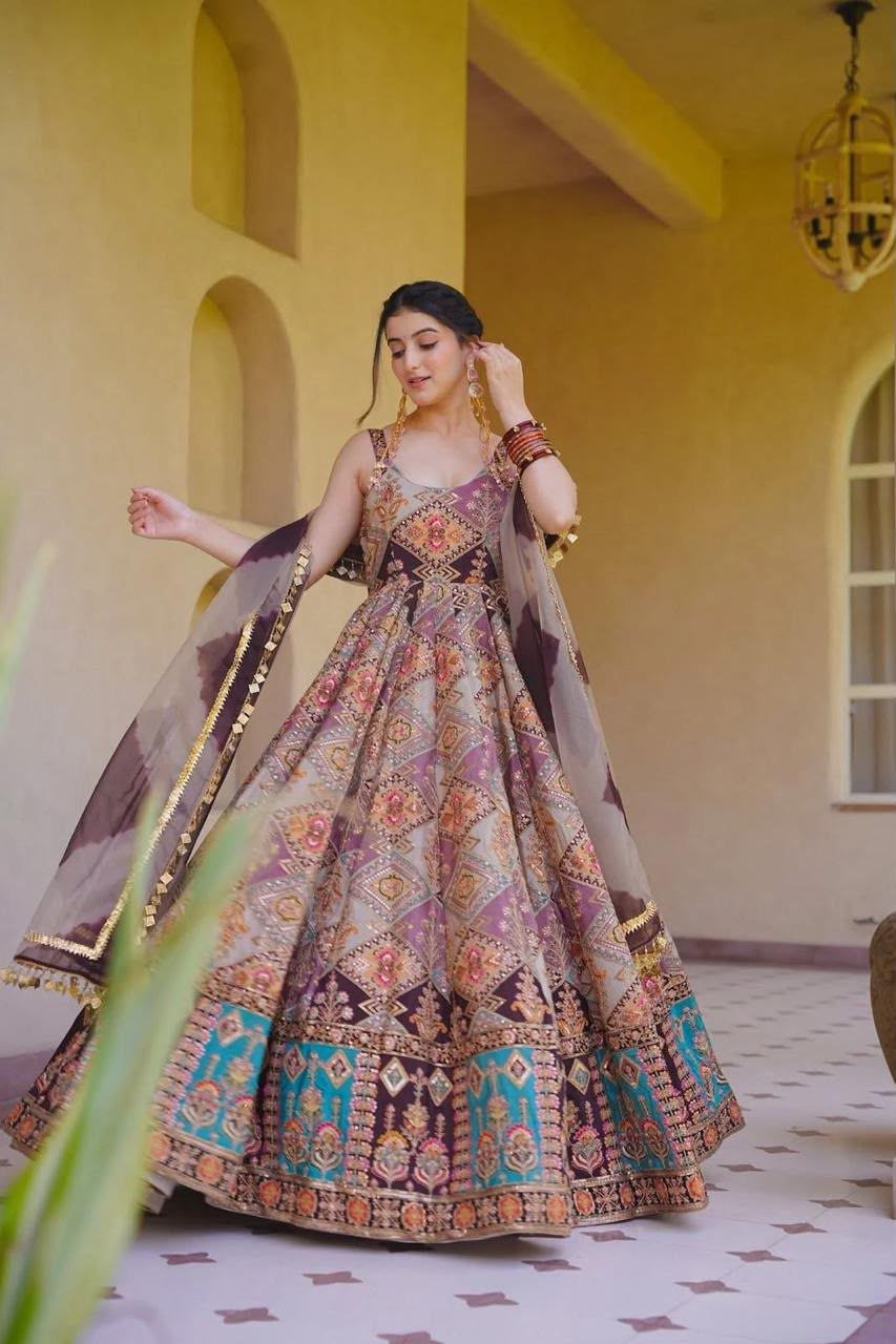 Digital Printed Jimmy Organza Silk Anarkali Gown for Women