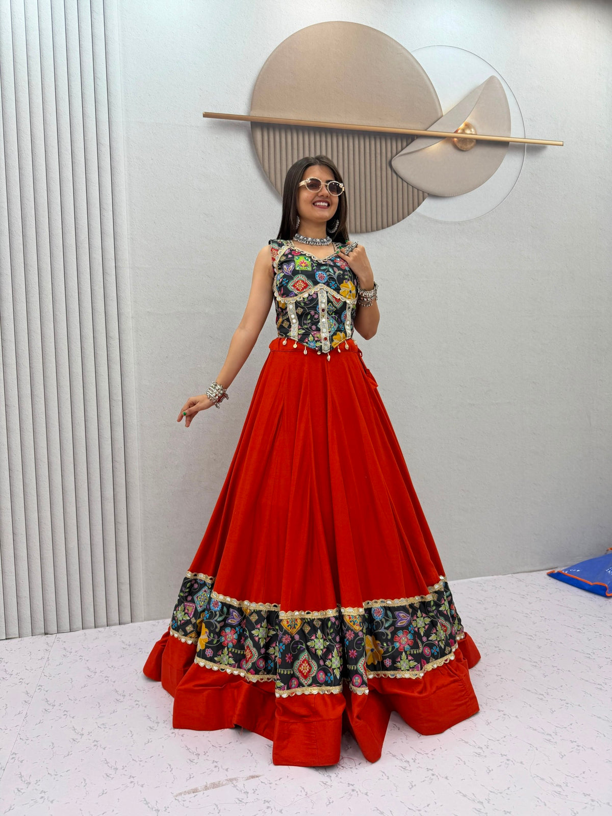 Navratri Special Pure Cotton Lehenga Choli with Mirror Work &amp; Embroidered Dupatta