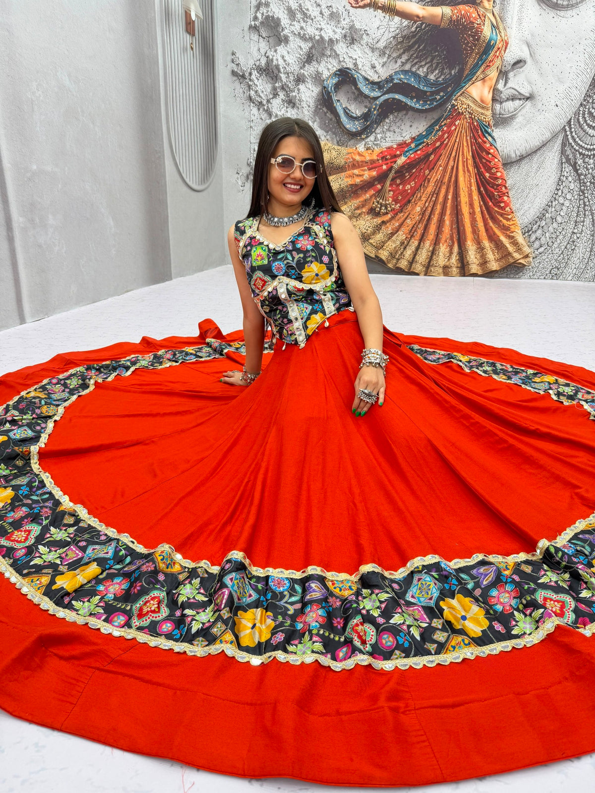 Navratri Special Pure Cotton Lehenga Choli with Mirror Work &amp; Embroidered Dupatta