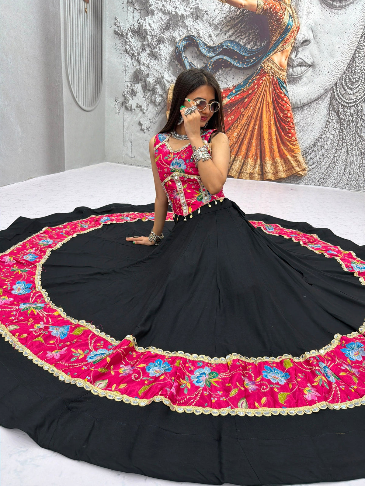 Navratri Special Pure Cotton Lehenga Choli with Mirror Work &amp; Embroidered Dupatta