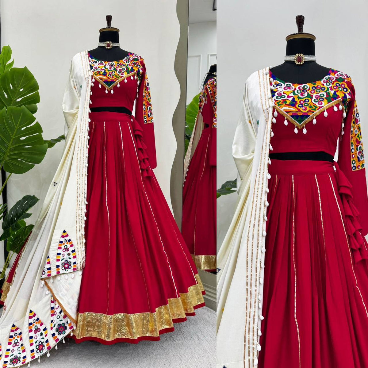 NAVRATRI Rayon Silk Lehenga Choli with Golden Silver Patti &amp; Mirror Work