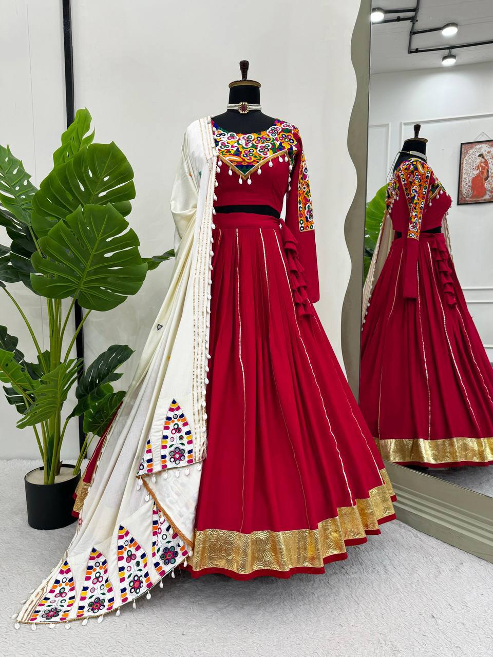 NAVRATRI Rayon Silk Lehenga Choli with Golden Silver Patti &amp; Mirror Work