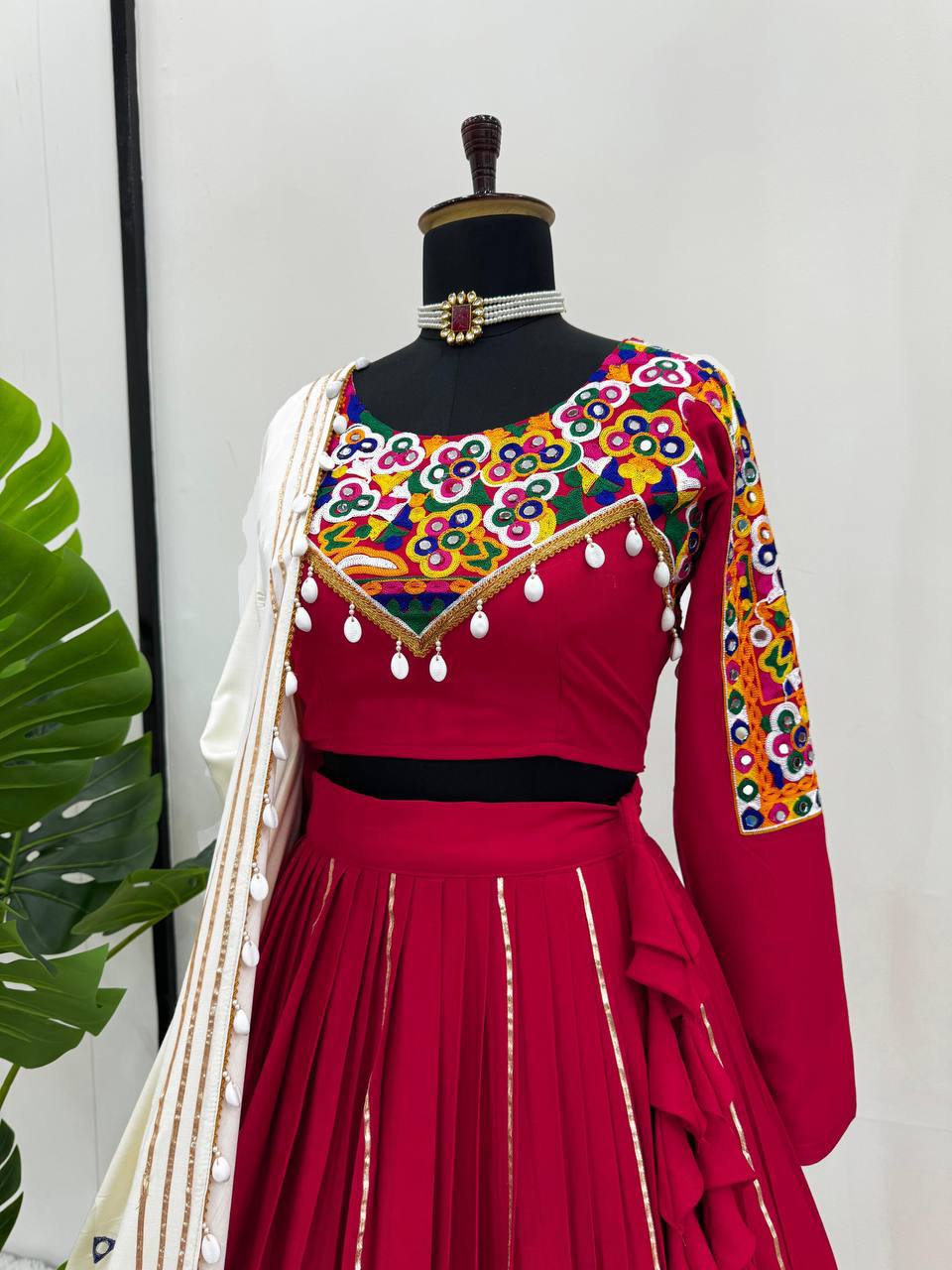 NAVRATRI Rayon Silk Lehenga Choli with Golden Silver Patti &amp; Mirror Work