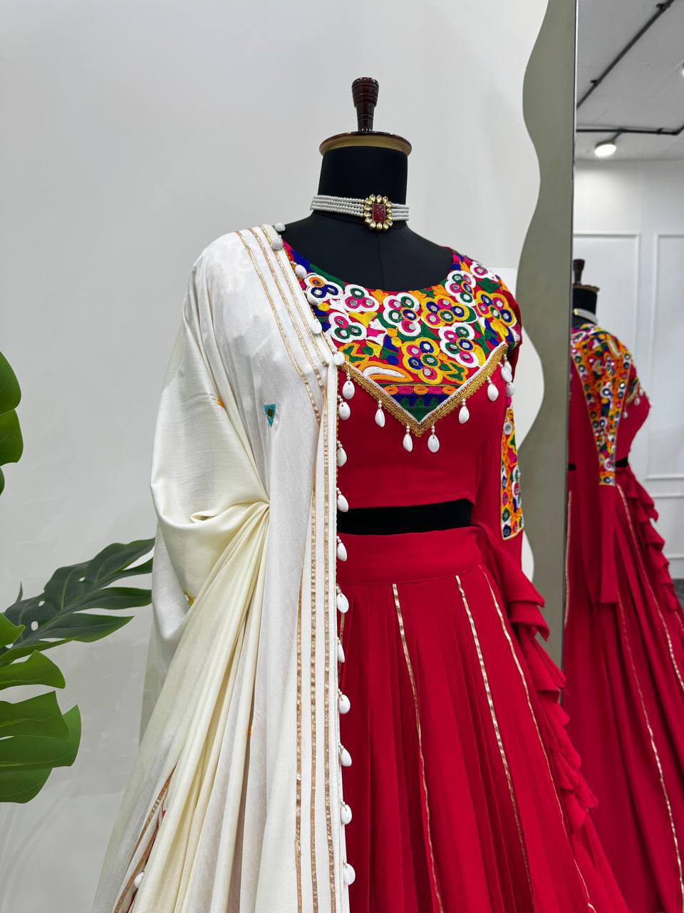 NAVRATRI Rayon Silk Lehenga Choli with Golden Silver Patti &amp; Mirror Work