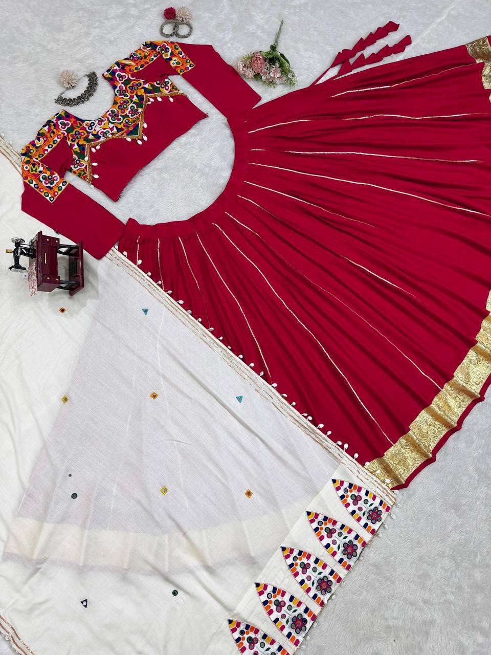 NAVRATRI Rayon Silk Lehenga Choli with Golden Silver Patti &amp; Mirror Work