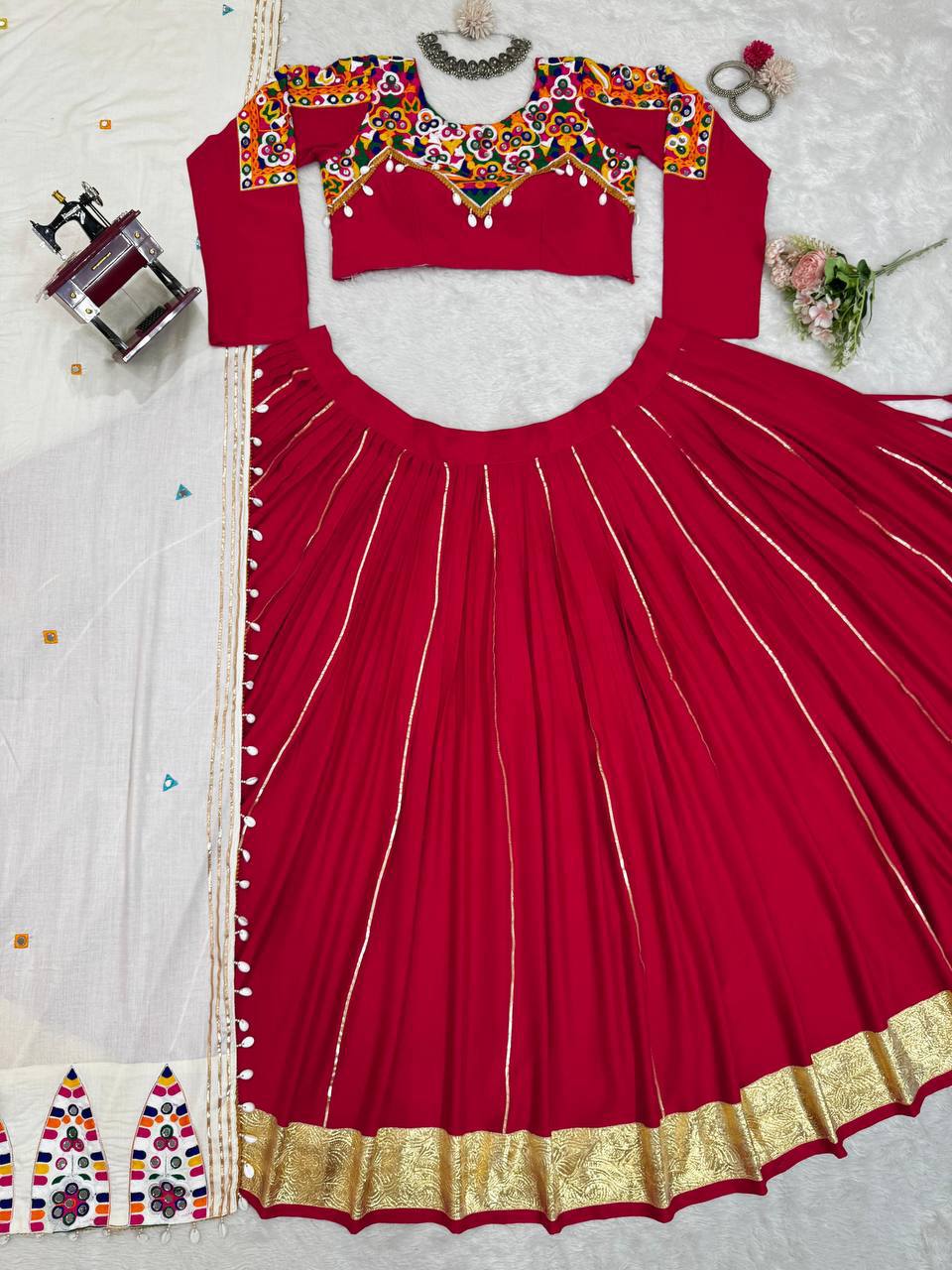 NAVRATRI Rayon Silk Lehenga Choli with Golden Silver Patti &amp; Mirror Work