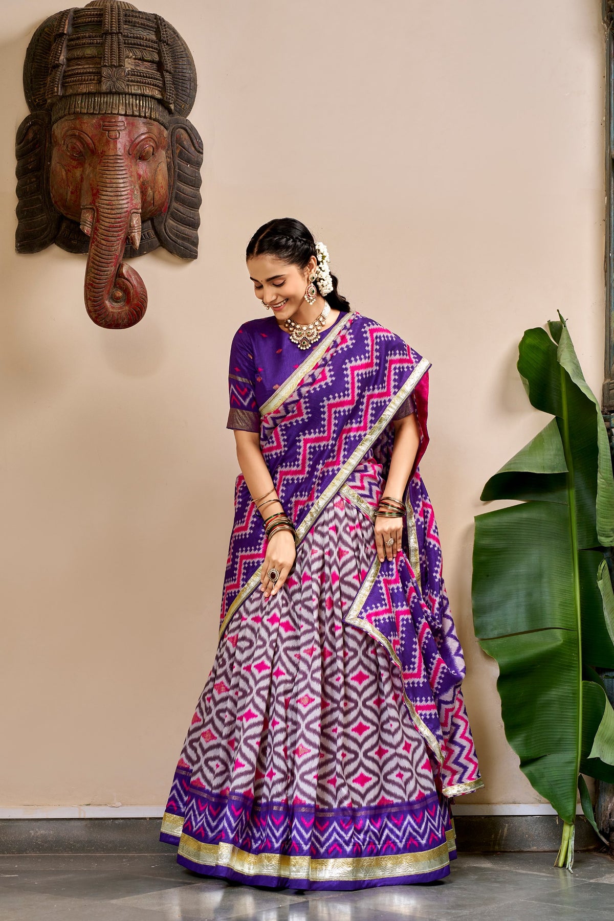 Tasar Silk Lehenga with Ikat &amp; Foil Print – Festive Designer Lehenga Choli Set