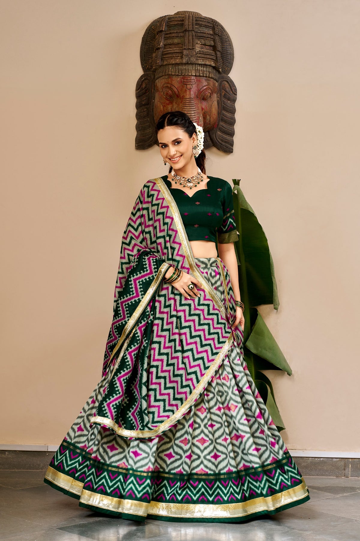 Tasar Silk Lehenga with Ikat &amp; Foil Print – Festive Designer Lehenga Choli Set