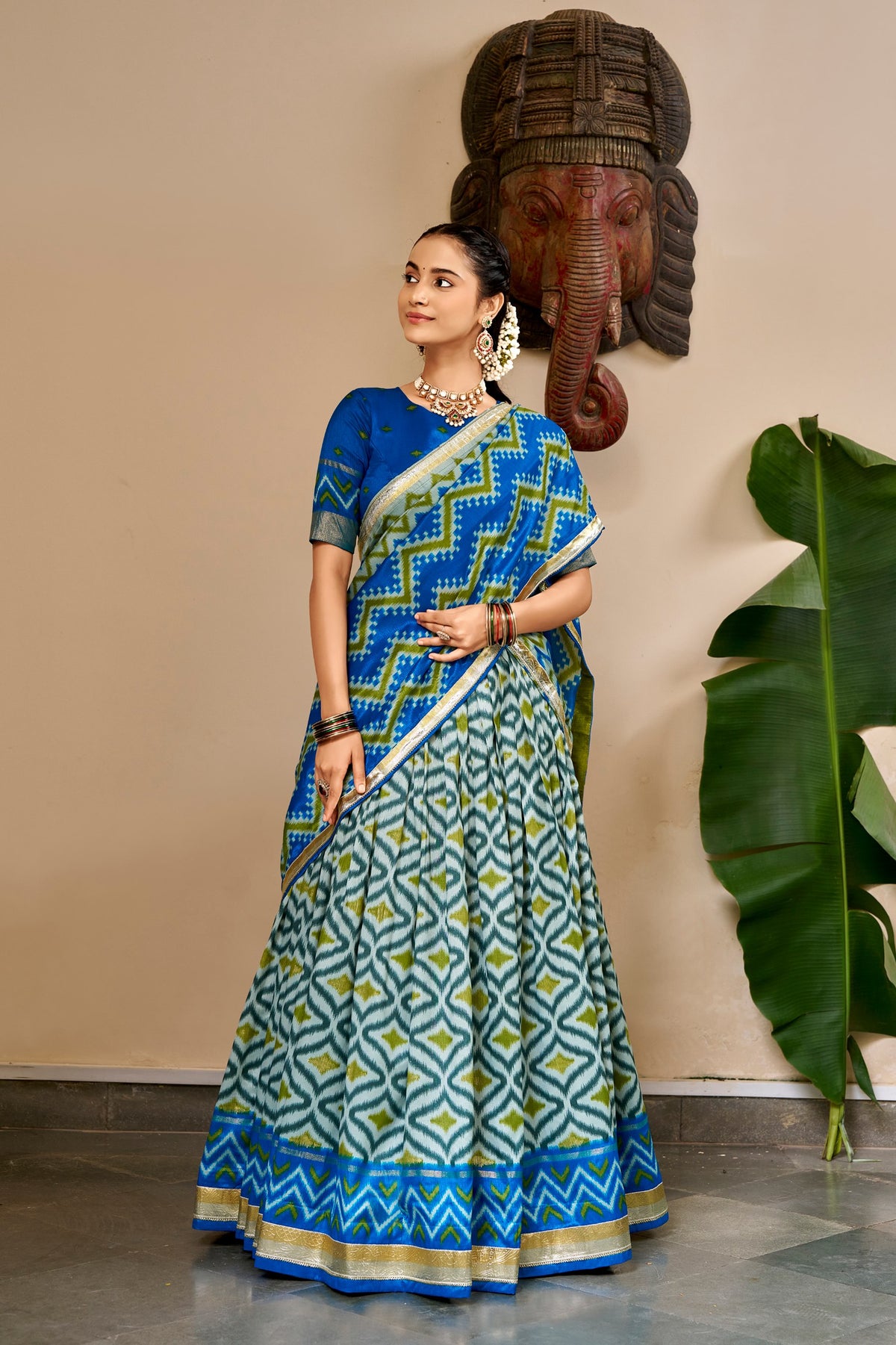 Tasar Silk Lehenga with Ikat &amp; Foil Print – Festive Designer Lehenga Choli Set