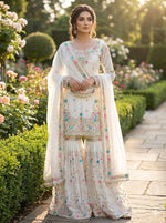 Anarkali Sharara Set with Sequence &amp; Rivet Moti Work – 3 Piece Fully Stitched