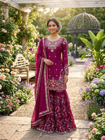 Anarkali Sharara Set with Sequence &amp; Rivet Moti Work – 3 Piece Fully Stitched