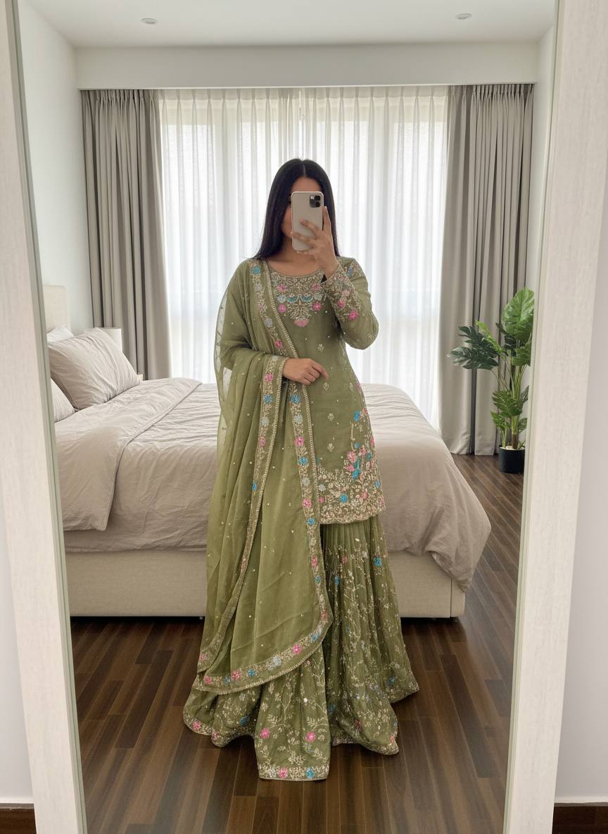 Anarkali Sharara Set with Sequence &amp; Rivet Moti Work – 3 Piece Fully Stitched