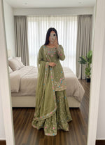 Anarkali Sharara Set with Sequence &amp; Rivet Moti Work – 3 Piece Fully Stitched